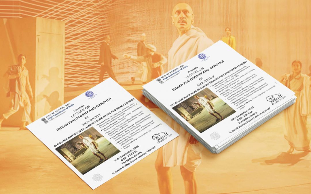 Pic showing a stack of flyers for the Paul Bazely lecture at the Nehru Centre with a faded background photo of Paul playing Gandhi at the National Theatre